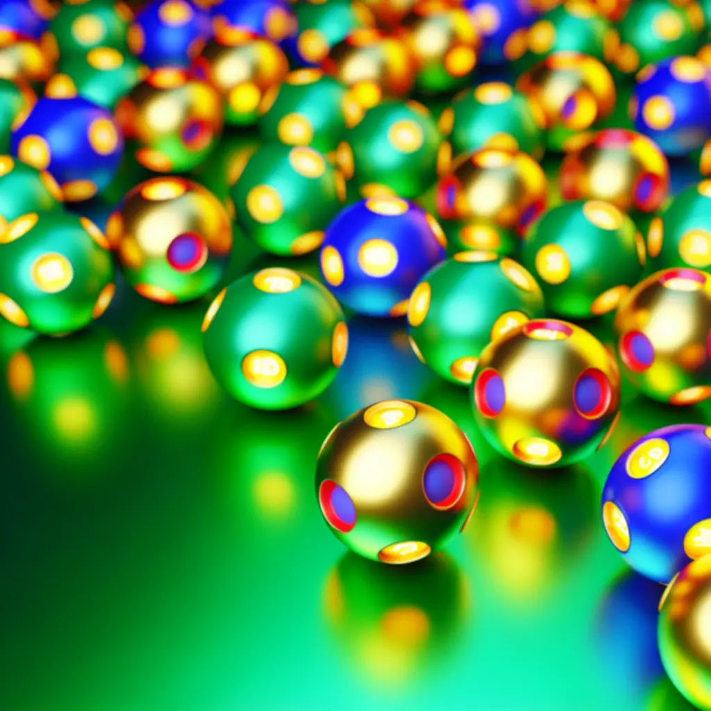 Illustration of vibrant lottery balls with golden and emerald accents