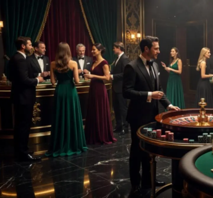 Elegáns kaszinó rendezvény áttekintése zöld játékasztalokkal és vendégekkel