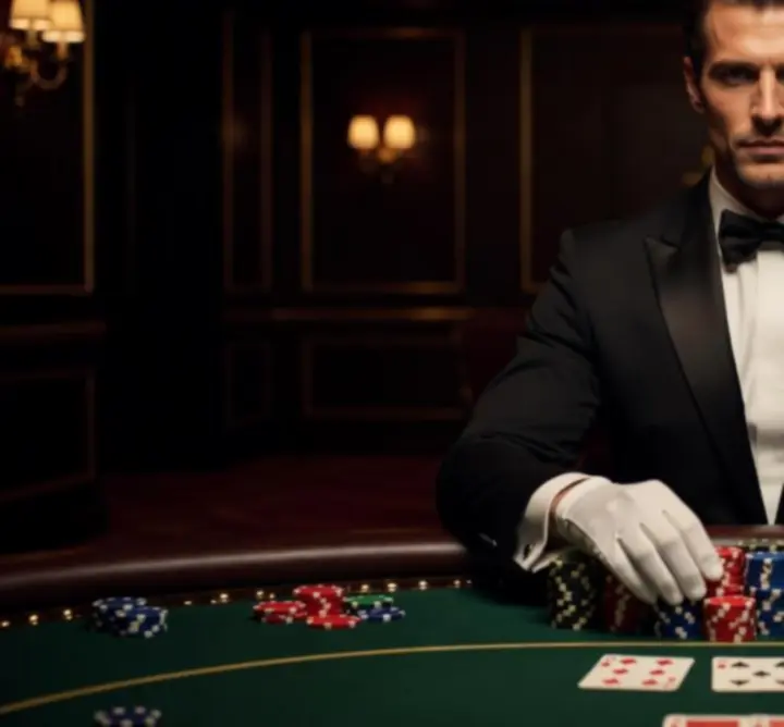 Profi krupié kártyát oszt egy elegáns pókerasztalnál