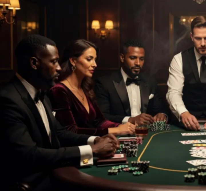 Baráti társaság Texas Hold'em pókerasztal körül, elegáns privát kaszinó hangulatban