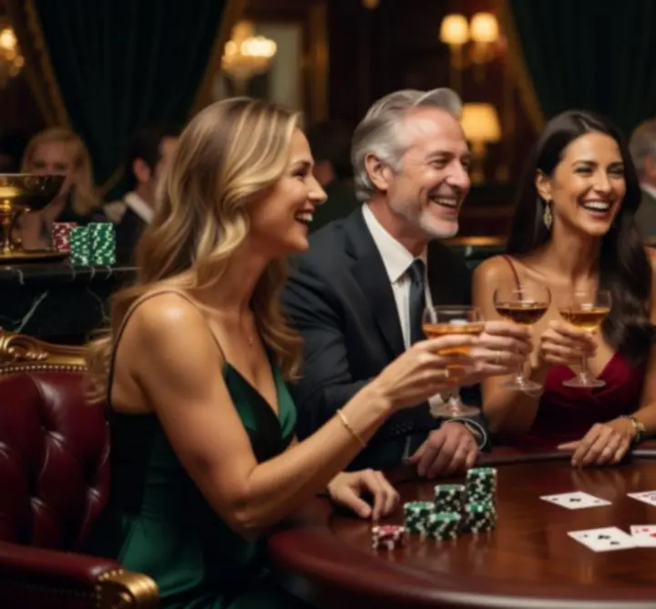 Mosolygó vendégek egy privát kaszinóest után, elegáns környezetben