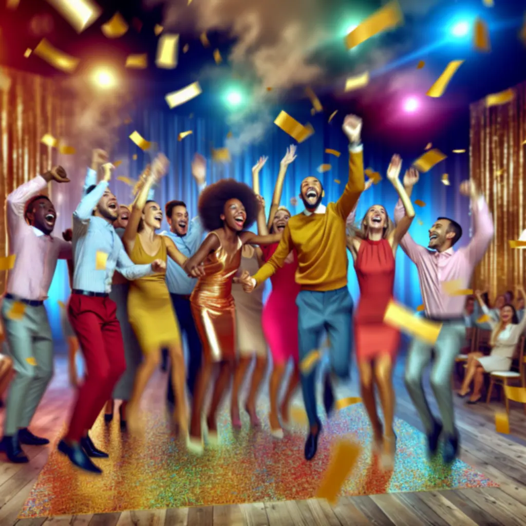 Winners cheering with confetti at a celebration event