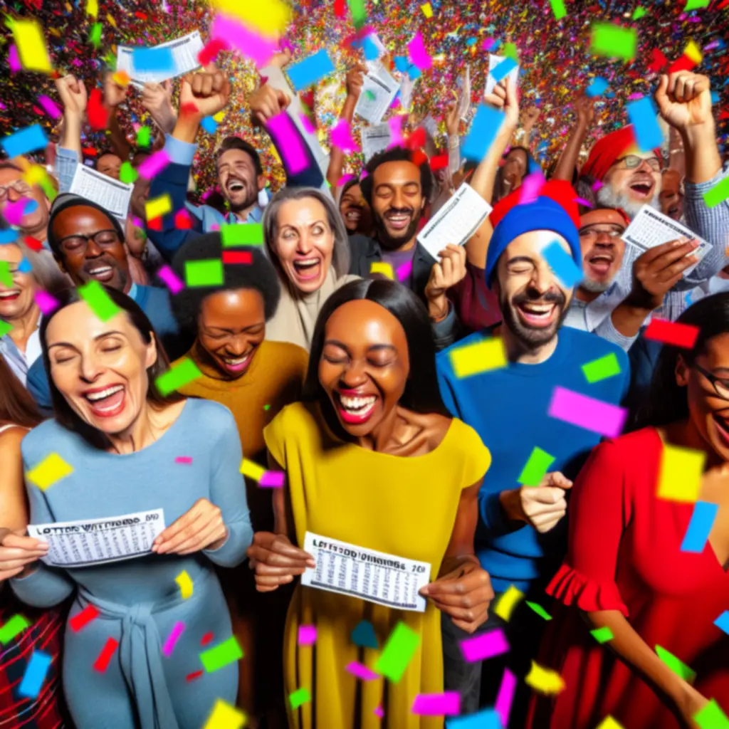 Collage of happy lottery winners and confetti